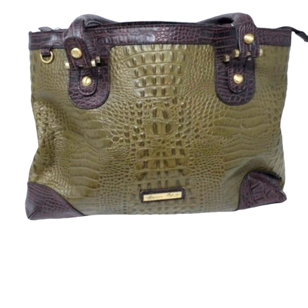 Etienne Aigner Olive Green/Brown Croc Embossed LEATHER Tote Bag EUC